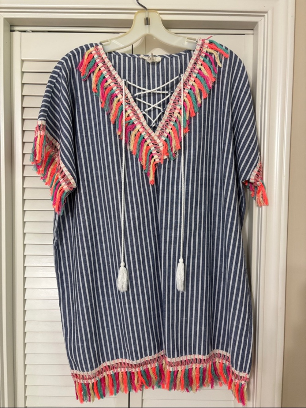 entro Navy and White Striped Tassel V-Neck Tunic
